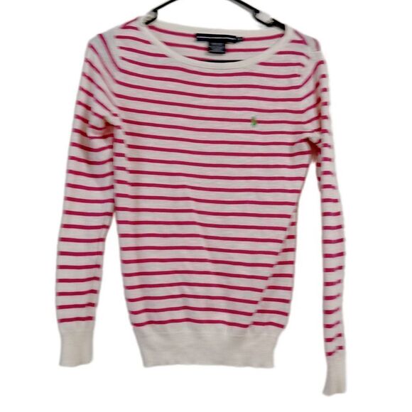 Ralph Lauren Pink and Cream Fitted Long Sleeve Sweatshirt - Picture 1 of 4